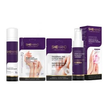 Pachet pentru maini satinate, Manusi regenerante 1 set + Crema maini 50 ml + Spuma maini 100 ml + Masca unghii 1 set, SheHand