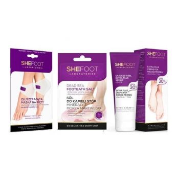 Pachet pentru picioare fine, Masca exfolianta 1 set + Saruri baie 55 gr + Crema 30%uree 75 ml, SheFoot la reducere