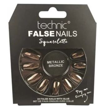 Set 24 unghii false, cu adeziv inclus, Technic, False Nails, Squareletto, Metallic Bronze