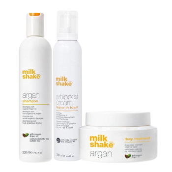 Milk Shake Argan - Pachet hidratant sh 300ml + treat 200ml + whipped cream 200ml ieftina