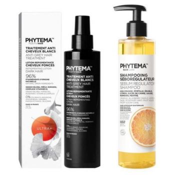 Set Tratament repigmentare pentru par alb sau grizonat, Ultra+, Positiv'Hair si Sampon Bio sebo-regulator pentru par gras, Shampooing sebo-regulateur, Phytema 150ml + 250ml