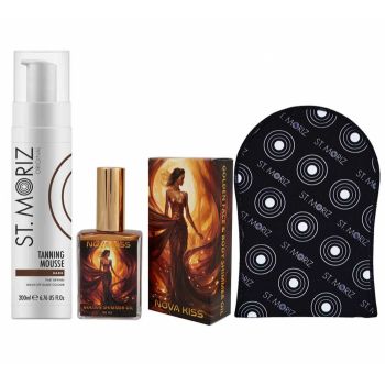 Set premium pentru Autobronzare Profesionala cu Spuma St Moriz x 200 ml, Ulei Stralucitor cu Sidef Auriu NOVA KISS x 50 ml si Manusa de firma original