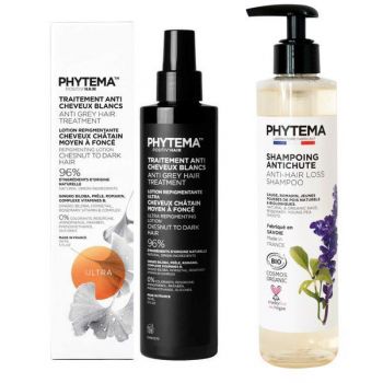 Set Tratament repigmentare pentru par alb sau grizonat, Ultra, Positiv'Hair si Sampon anti-cadere par Bio Shampooing Antichute, Phytema 150ml + 250ml