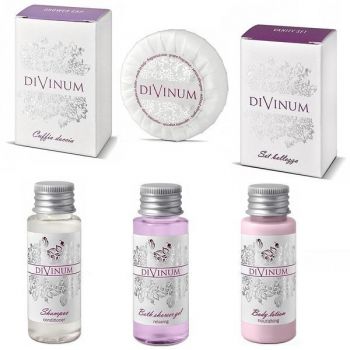 Set Cosmetice Divinum cu Extracte Naturale de Struguri, 50 x Sampon 30 ml, 50 x Sapun 25 g, 50 x Crema Corp 30 ml, 50 x Gel Dus 30 ml, 50 x Casca Dus, 50 x Vanity kit