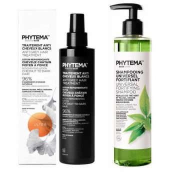 Set Tratament repigmentare pentru par alb sau grizonat, Ultra+, Positiv'Hair si Sampon Bio universal si fortifiant pentru par, Shampooing Universel Fortifiant, Phytema 150ml + 250ml de firma original