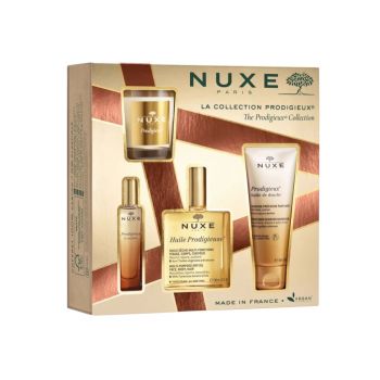 Set cadou Prodigieux Nuxe, Apa de Parfum 15 ml + Ulei de Dus 100 ml + Ulei Multifunctional Fata, Corp si Par, 100 ml + Lumanare Parfumata