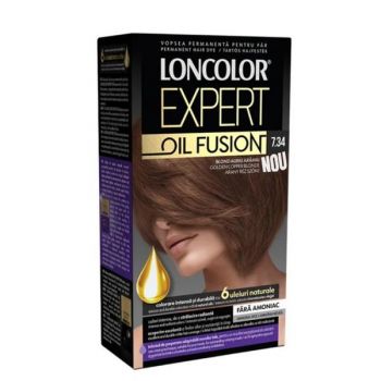 Vopsea de Par Permanenta Fara Amoniac - Loncolor Expert Oil Fusion, nuanta 7.34 Blond Auriu Aramiu, 1 pachet