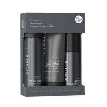 Set Cadou Rituals The Ritual of Homme, Spuma de dus, 50ml Spray antiperspirant, 50ml Exfoliant pentru fata cu carbune, 70ml