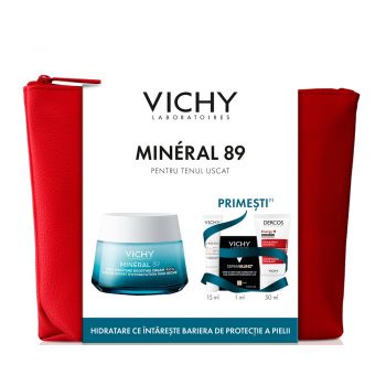 Pachet Crema pentru ten uscat Mineral 89, 50 ml + Fluid cu SPF 50+ Capital Soleil, 15 ml + Fond de ten Dermablend, 25 Nude, 1 ml + Sampon Aminexil Dercos, 50 ml, Vichy