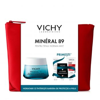 Pachet Crema pentru toate tipurile de ten Mineral 89, 50 ml + Fluid cu SPF 50+ Capital Soleil, 15 ml + Fond de ten Dermablend, 25 Nude, 1 ml + Sampon Aminexil Dercos, 50 ml, Vichy