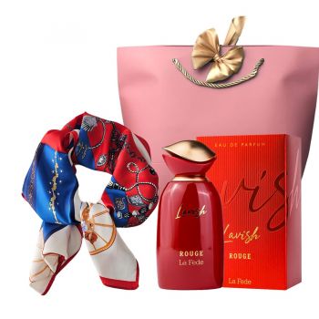Set Kisses, Apa de parfum Khadlaj Lavish Rouge La Fede, 100 ml si esarfa cu matase
