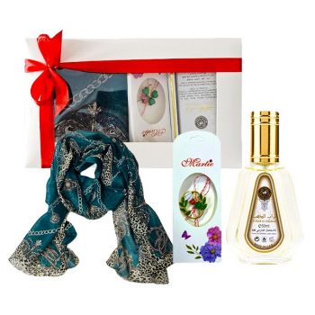 Set Opalia cu esarfa, parfum arabesc Ard al Zaafaran 50 ml si martisor brosa