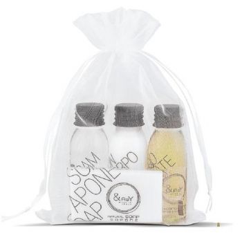 Set Cadou Cosmetice Easy cu Ulei de Argan, 1 x Sampon 30 ml, 1 x Gel de Dus 30 ml, 1 x Crema de Corp 30 ml, 1 x Sapun de Masaj 20 g. Ambalate in Saculet din Organza