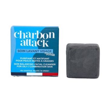 Cleanser facial solid Charbon Attack, pentru ten mixt sau gras, cu carbune activ si ghassoul, 28 g