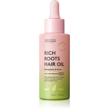 delhicious RICH ROOTS AMLA & ROSEMARY HAIR OIL ulei hidratant si catifelant pentru un scalp uscat, atenueaza senzatia de mancarime
