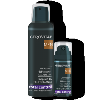 Deodorant Antiperspirant Total Control  Protecție 48h Fără Alcool, Aromă De Citrice, Lemn De Cedru și Mosc, Gerovital Men 40 Ml/ 150 Ml