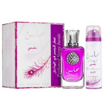 Set Apa de Parfum, 100 ml + Deodorant Spray, 50 ml, pentru Femei - Lattafa Perfumes, Mahasin Crystal Violet, 1 set
