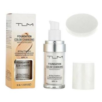 Fond de Ten Color Changing TLM, Adaptabil culorii Tenului si Rezistent la Transfer 16H, SPF 15, 30 ml, cu buretel makeup inclus
