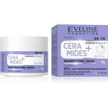 Crema regeneratoare Eveline Ceramides+ Korean Rituals, pentru toate tipurile de ten, cu multicermide, ulei de avocado si unt de shea, 50 ml