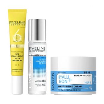 Set Eveline Cosmetics cu Crema de fata Hyaluron+ Korean Rituals 50 ml, Ser facial LAB Formula Advanced, hidratare intensa 30 ml si Crema-ser antirid pentru ochi 6 Ceramide 20 ml