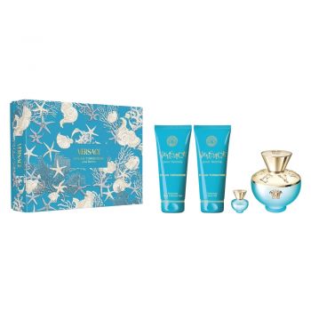 Set Cadou Versace Dylan Turquoise pour Femme (Continut set: 100 ml Apa de Toaleta + 100 ml Lotiune de corp + 100 ml Gel de dus + 5 ml Apa de Toaleta)