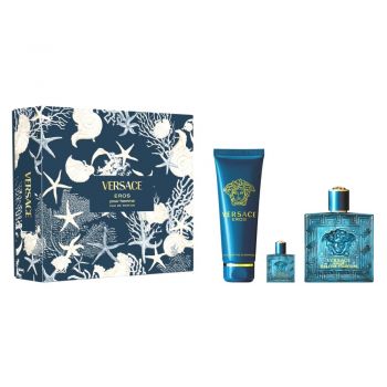 Set cadou Versace Eros Apa de Parfum, Barbati, 100 ml + Gel de dus 150 ml + Apa de Parfum, 5 ml