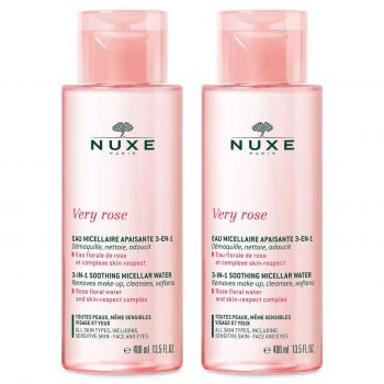 Set Duo Nuxe Very Rose 3 în 1, Apa micelara pentru piele sensibila, 2 x 400 ml