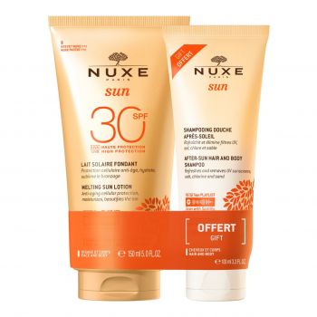 Set Nuxe Sun Lotiune cu protectie solara SPF30 pentru fata si corp, 150 ml + Sampon dupa expunere solara pentru par si corp, 100 ml