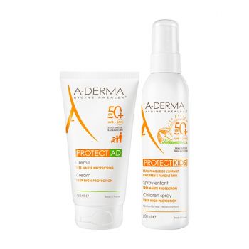 Pachet A-Derma Protect – Crema protectie solara Protect AD SPF 50+, 150 ml + Spray protectie solara copii Protect Kids SPF 50+, 200 ml