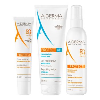 Pachet A-Derma Protect – Fluid invizibil protectie solara SPF 50+, 40 ml + Spray protectie solara SPF 50+, 200 ml + Lotiune reparatoare after sun Protect AH, 250 ml