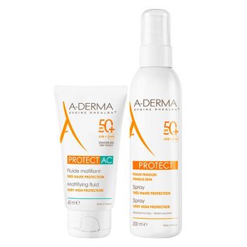 Pachet A-Derma Protect – Fluid matifiant protectie solara Protect AC SPF 50+ 40 ml + Spray protectie solara Protect SPF 50+ 200 ml