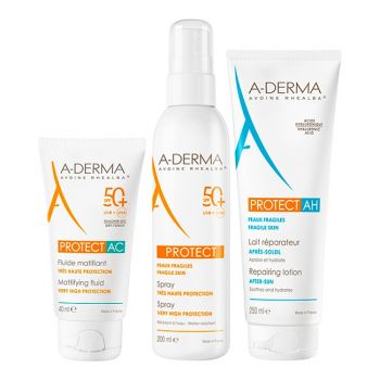 Pachet A-Derma Protect – Fluid matifiant protectie solara SPF 50+, 40 ml + Spray protectie solara SPF 50+, 200 ml + Lotiune reparatoare after sun Protect AH, 250 ml