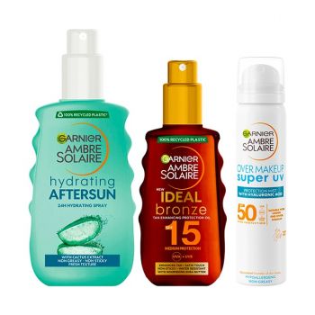 Pachet Garnier Ambre Solaire – Spray aftersun hidratant, 200 ml + Ulei protectie solara bronz SPF 15, 200 ml + Spray protectie solara fata SPF 50, 75 ml