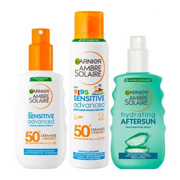Pachet Garnier Ambre Solaire – Spray protectie solara adulti SPF 50, 150 ml + Spray protectie solara copii SPF 50, 150 ml + Spray aftersun hidratant, 200 ml