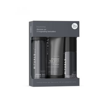 Pachet Rituals Homme – Scrub facial cu carbune, 70 ml + Spuma de dus, 50 ml + Spray antiperspirant 24h, 50 ml
