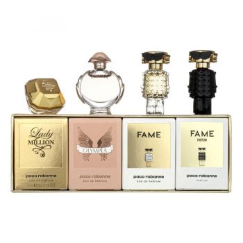 Set Paco Rabanne, 4 parfumuri mini pentru femei: Lady Million, Olympea, Fame, Fame Parfum