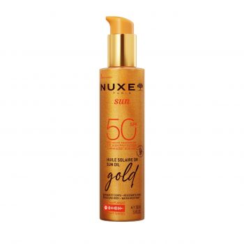 Ulei bronzant Nuxe Sun Gold – protectie solara SPF 50 cu sclipiri aurii pentru fata si corp 150 ml