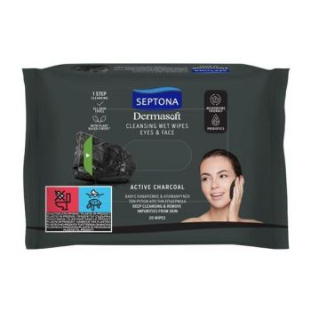 SHORT LIFE - Servetele Umede Demachiante - Septona Dermasoft Active Charcoal, 20 buc