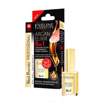 Ulei tratament pentru unghii si cuticule, Eveline Cosmetics, elixir 8 in 1 cu ulei de argan 12 ml ieftin